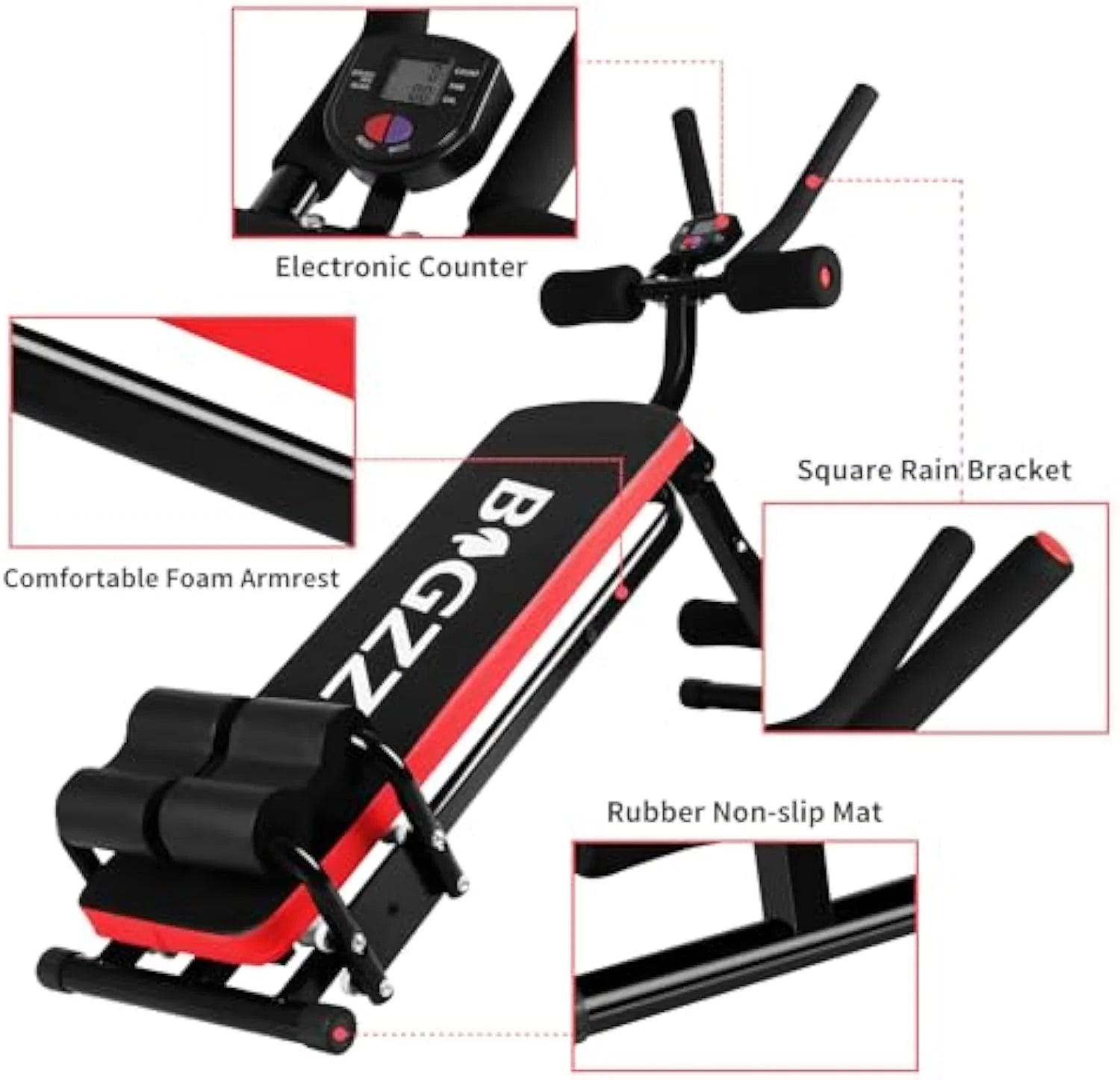 Foldable Ab Machine, Ab Workout Equipment for Home, LCD Display, Red