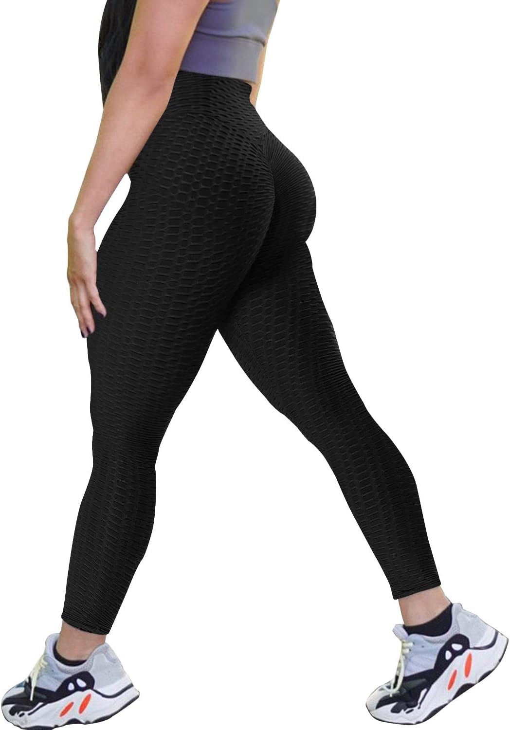 Women High Waisted Workout Leggings Scrunch Butt Lifting Booty Tights Compression Textured Yoga Pants Black Large